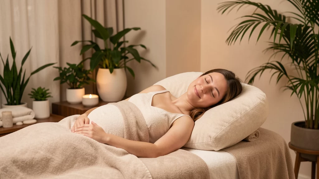 Pregnant client at Serenity Wellness Spa enjoying a relaxing prenatal massage with pregnancy pillow support