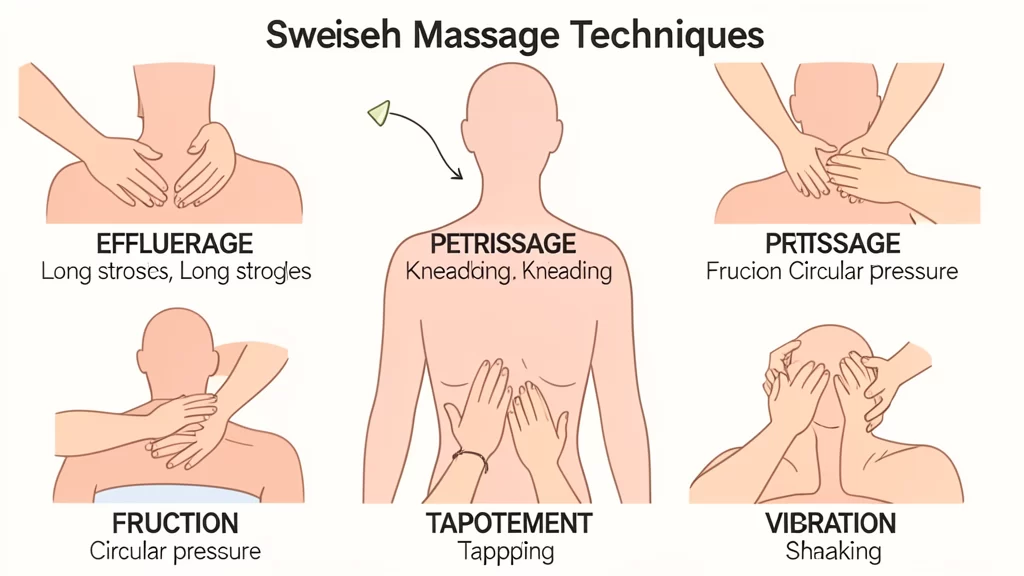 Five Swedish massage techniques illustrated: effleurage, petrissage, friction, tapotement, and vibration